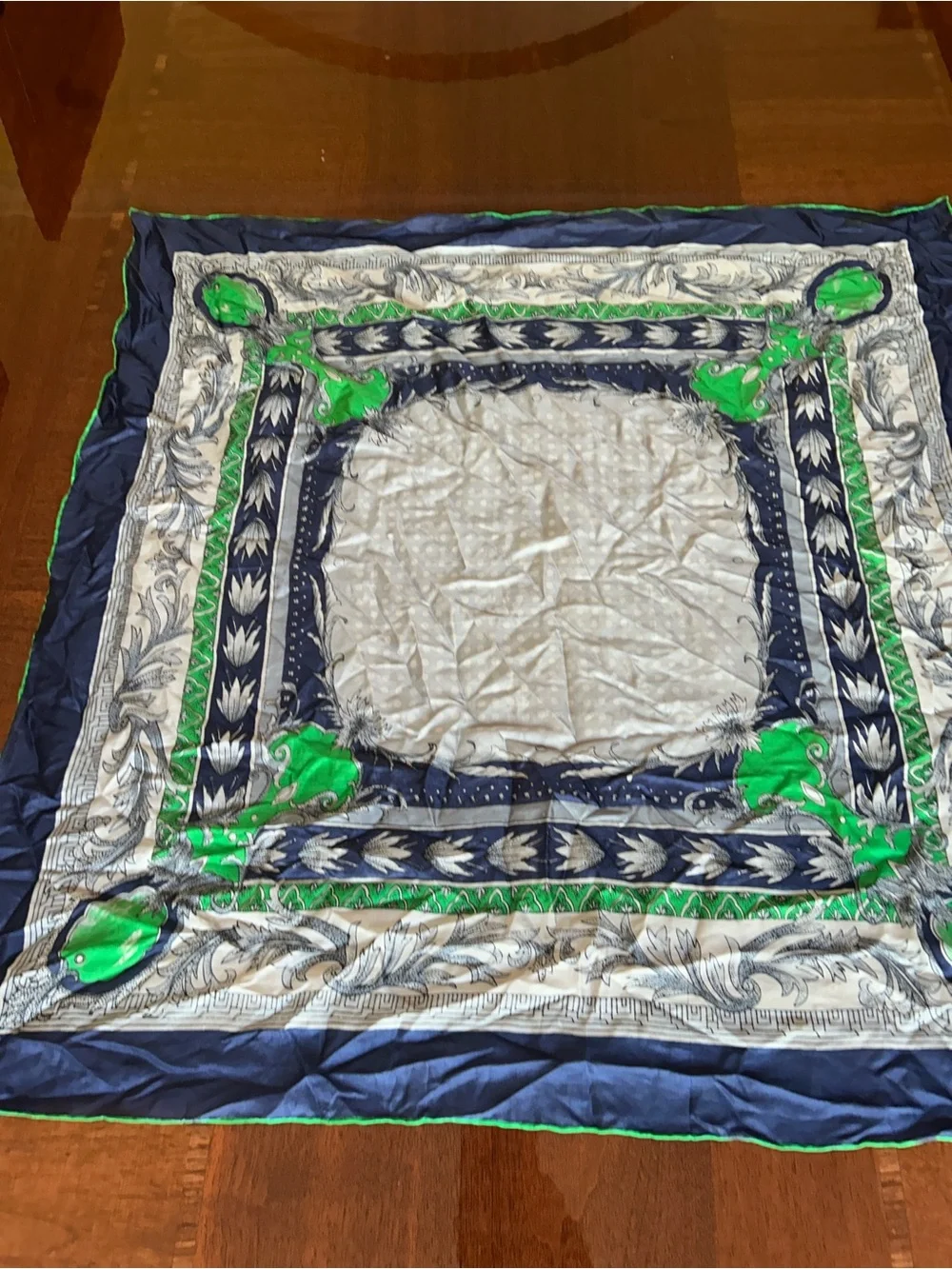 Green Navy and White Floral Silk Scarf 26“ x 26“ probably silk